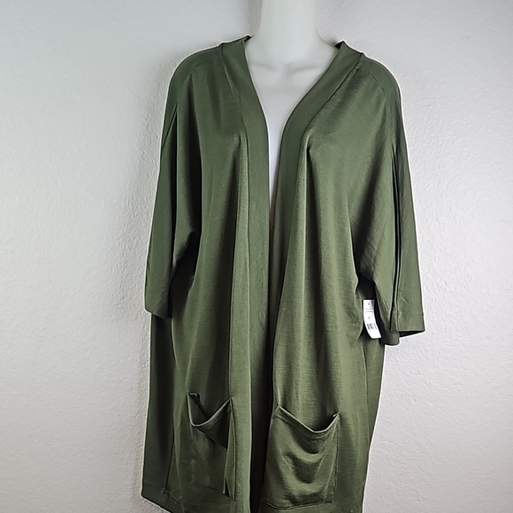 dip NWT Women's Autumn Green Open Front 3/4 Sleeves Pockets Cardigan Sweater 2X - Picture 1 of 8